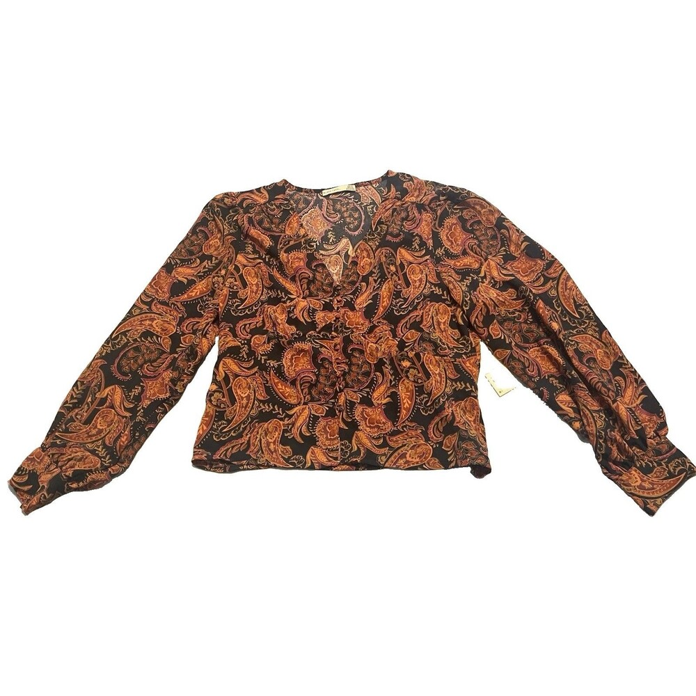 Black Tape_ Cinched Waist Button Down Long Sleeve Paisley Print Blouse XL  NWT!